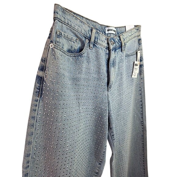 DKNY Jeans High Rise Wide Leg Silver Studded Denim Pants Sz 28 Light Wash NWT - Picture 3 of 11